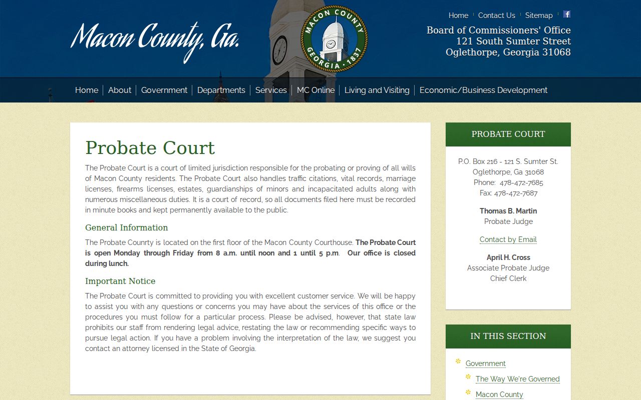 Macon County Probate Court official contact page