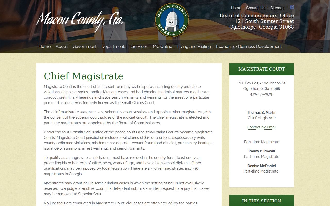 Macon County Magistrate Court page describing arrest and search warrant jurisdiction